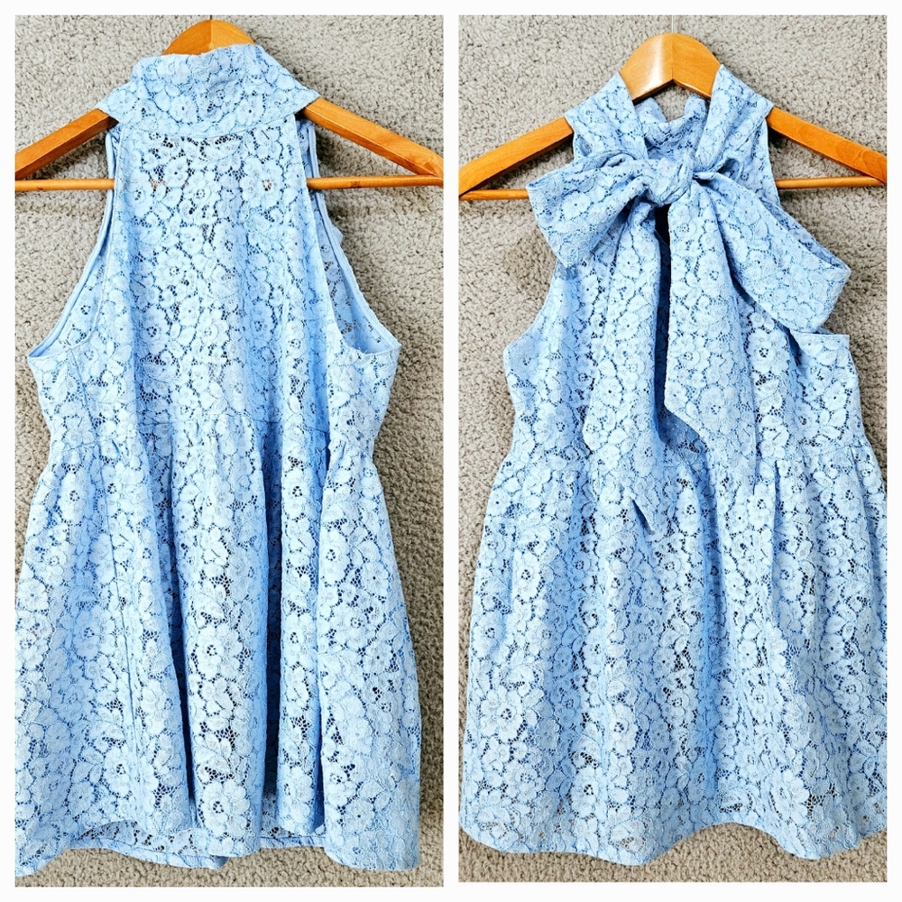 Zara Blue Lace Babydoll Blouse XS Bow Halter Sleeveless Lolita Coquette Top - Picture 4 of 10